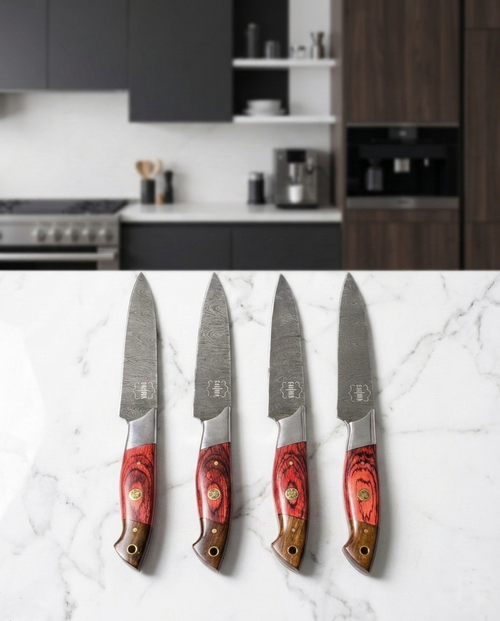 FAUMA Premium 4-Piece Damascus Steel Steak Knife Set | Hand-Forged Kitchen Utility Knives with Ergonomic Rosewood Handle & Genuine Leather Roll Bag