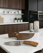 FAUMA Premium Hand-Forged Damascus Steel Tracker Hunting Knife | Custom Walnut Wood Handle Full Tang Blade with Genuine Leather Sheath