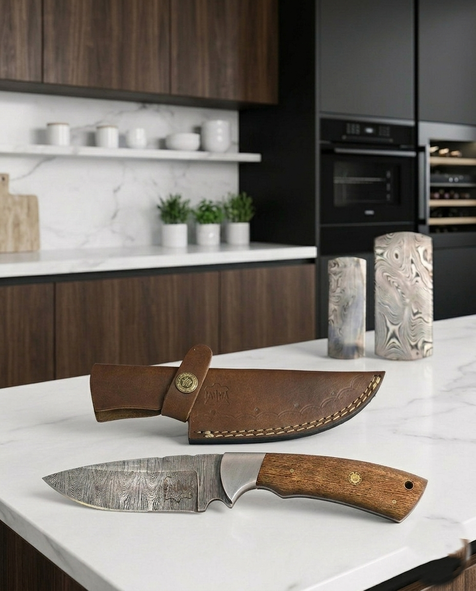 FAUMA Premium Hand-Forged Damascus Steel Tracker Hunting Knife | Custom Walnut Wood Handle Full Tang Blade with Genuine Leather Sheath