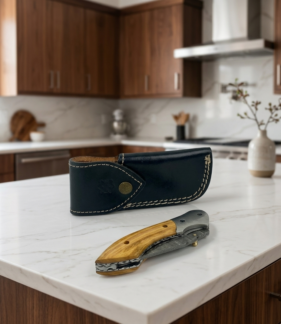 Premium Handmade Damascus Steel Folding Pocket Knife with Olive Wood Handle & Genuine Leather Sheath