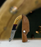 Premium Hand-Forged Damascus Steel Skinner Knife with Gut Hook | Custom Olive Wood & Micarta Handle Hunting Knife with Genuine Leather Sheath
