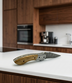 Premium Handmade Damascus Steel Folding Pocket Knife with Olive Wood Handle & Genuine Leather Sheath