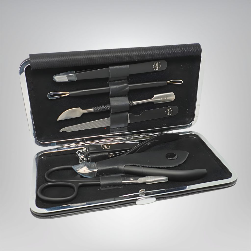 Fauma Premium 7-Piece Professional Manicure & Grooming Kit – Matte Black Stainless Steel with Luxury Leather Case