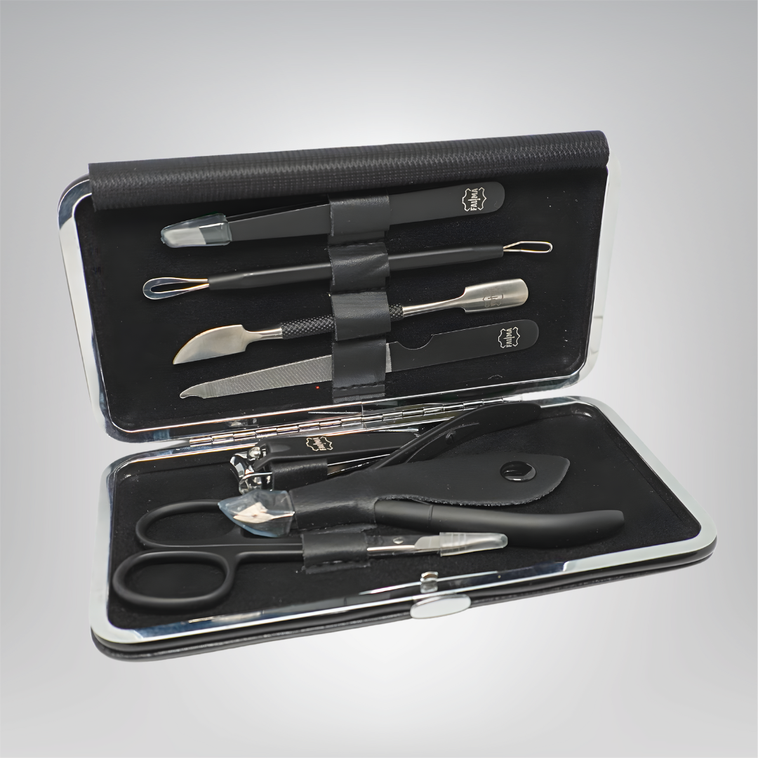 Fauma Premium 7-Piece Professional Manicure & Grooming Kit – Matte Black Stainless Steel with Luxury Leather Case