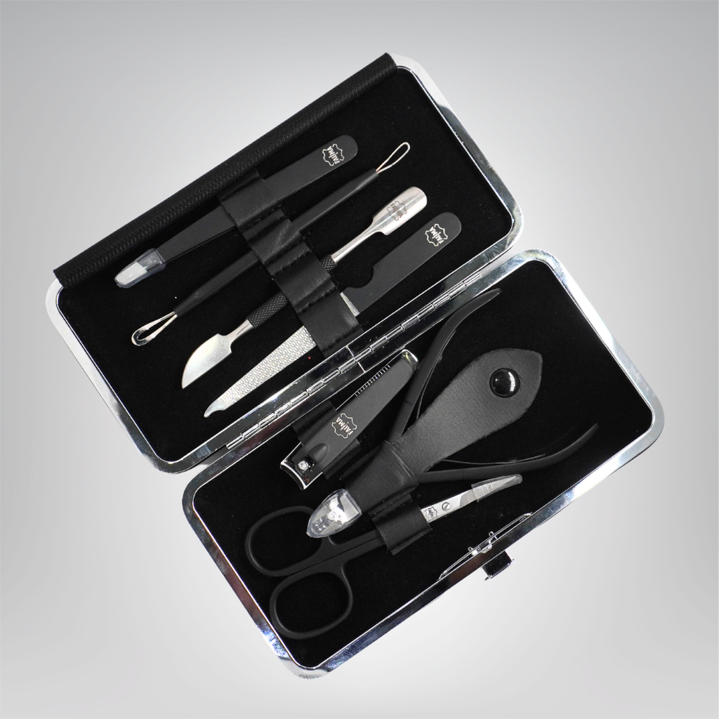 Fauma Premium 7-Piece Professional Manicure & Grooming Kit – Matte Black Stainless Steel with Luxury Leather Case