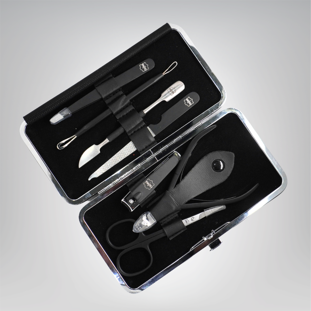 Fauma Premium 7-Piece Professional Manicure & Grooming Kit – Matte Black Stainless Steel with Luxury Leather Case