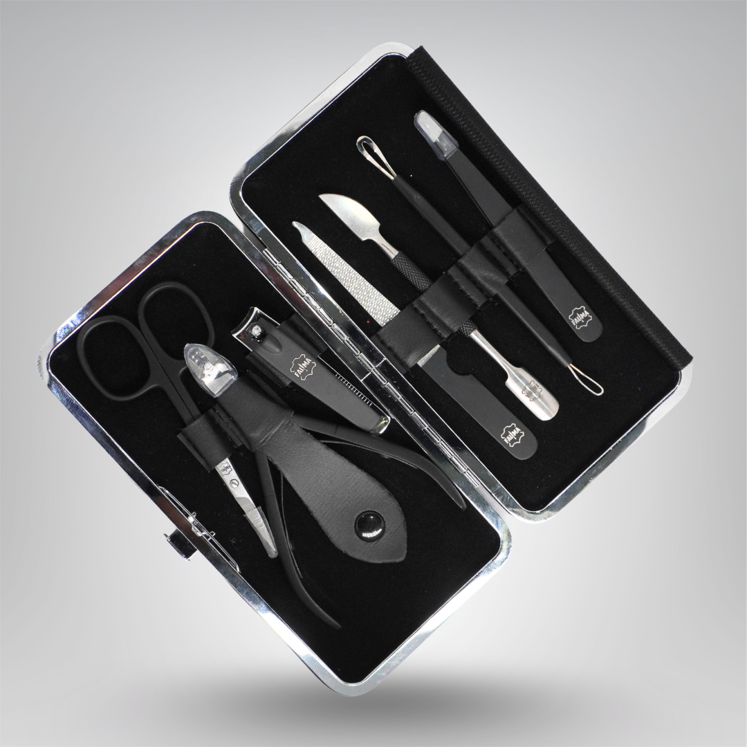 Fauma Premium 7-Piece Professional Manicure & Grooming Kit – Matte Black Stainless Steel with Luxury Leather Case