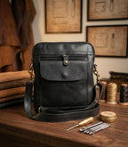 Premium Genuine Leather Crossbody Messenger Bag - Classic Black