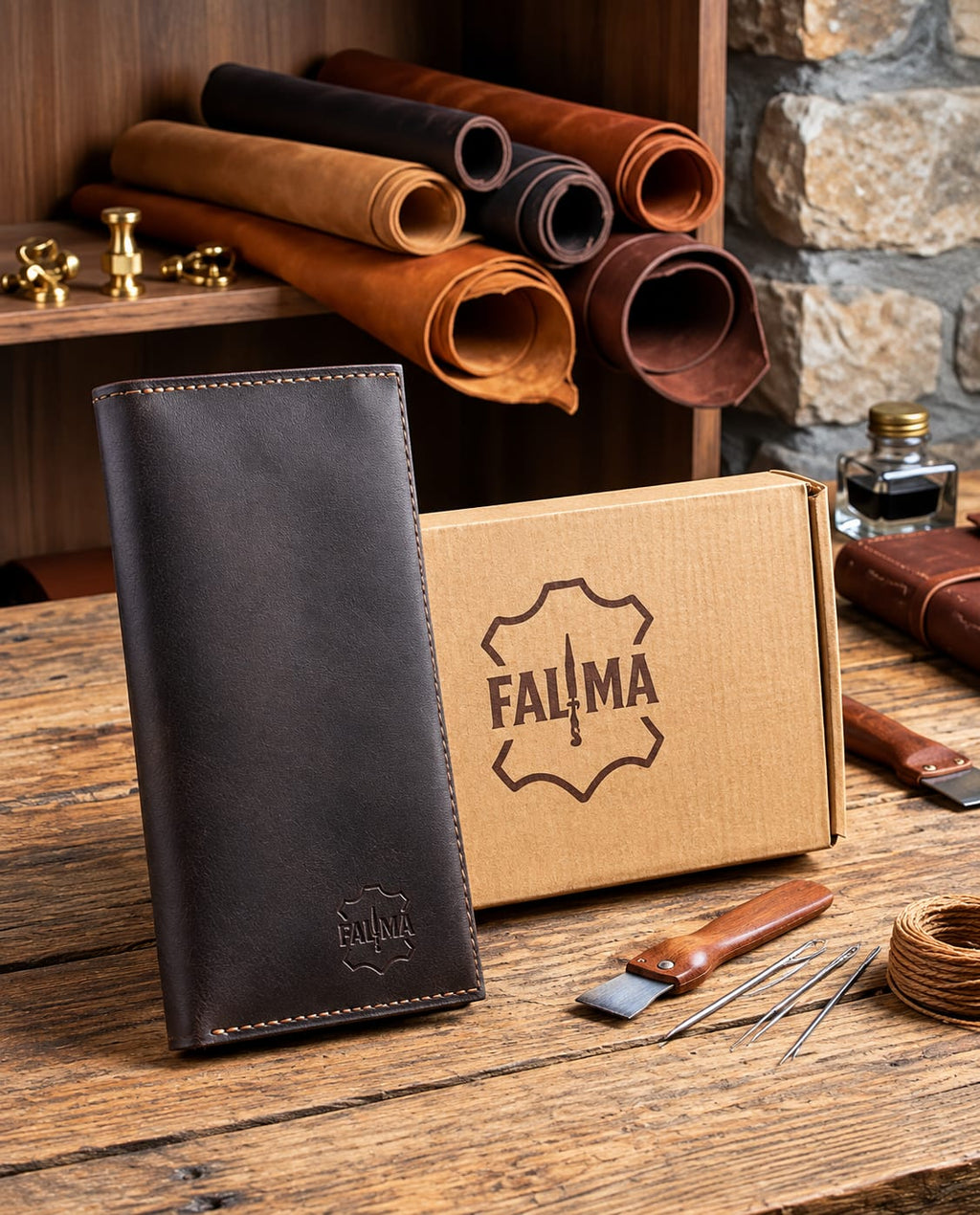 FAUMA Classic Brown Leather Long Bifold Wallet
