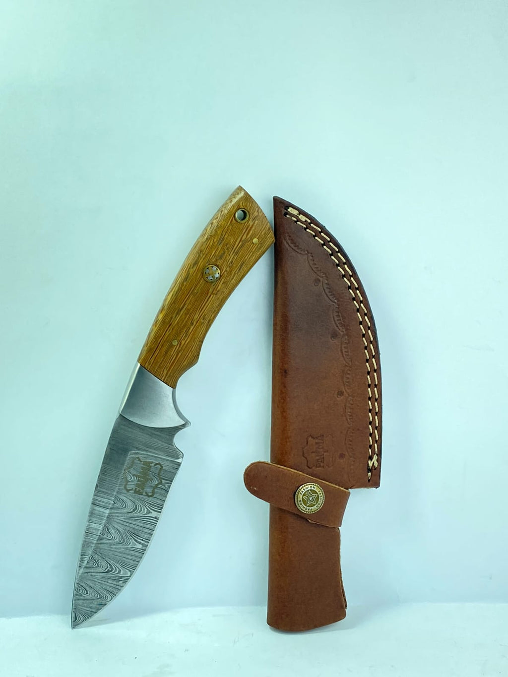 FAUMA Premium Hand-Forged Damascus Steel Tracker Hunting Knife | Custom Walnut Wood Handle Full Tang Blade with Genuine Leather Sheath
