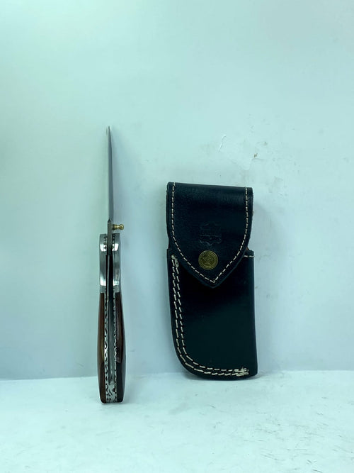 Artisan Damascus Steel Folding Knife with Premium Rosewood Handle & Navy Blue Leather Sheath