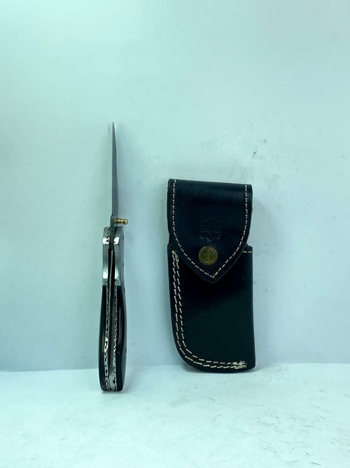 Elite Damascus Steel Folding Pocket Knife with Black Micarta Handle & Hand-Stitched Leather Sheath